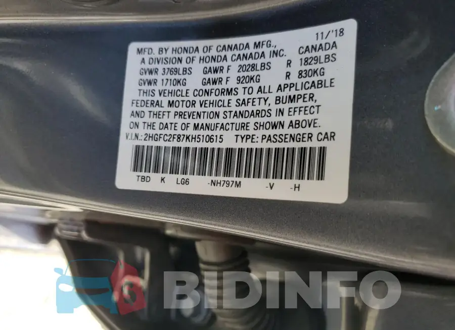 2HGFC2F87KH510615 Photo# 12