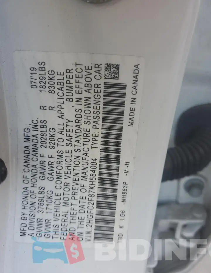 2HGFC2F87KH584004 Photo# 13