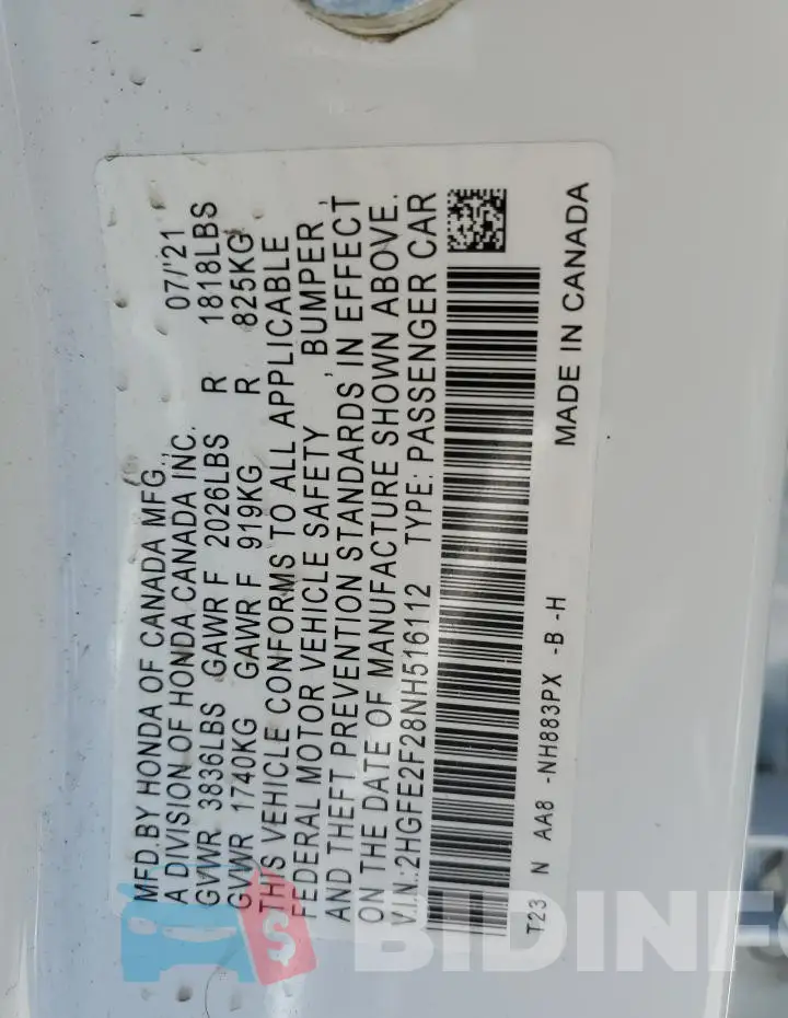 2HGFE2F28NH516112 Photo# 12