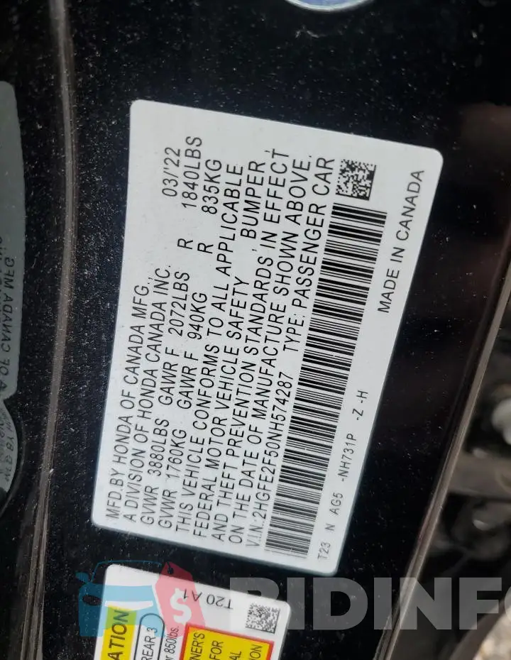 2HGFE2F50NH574287 Photo# 12