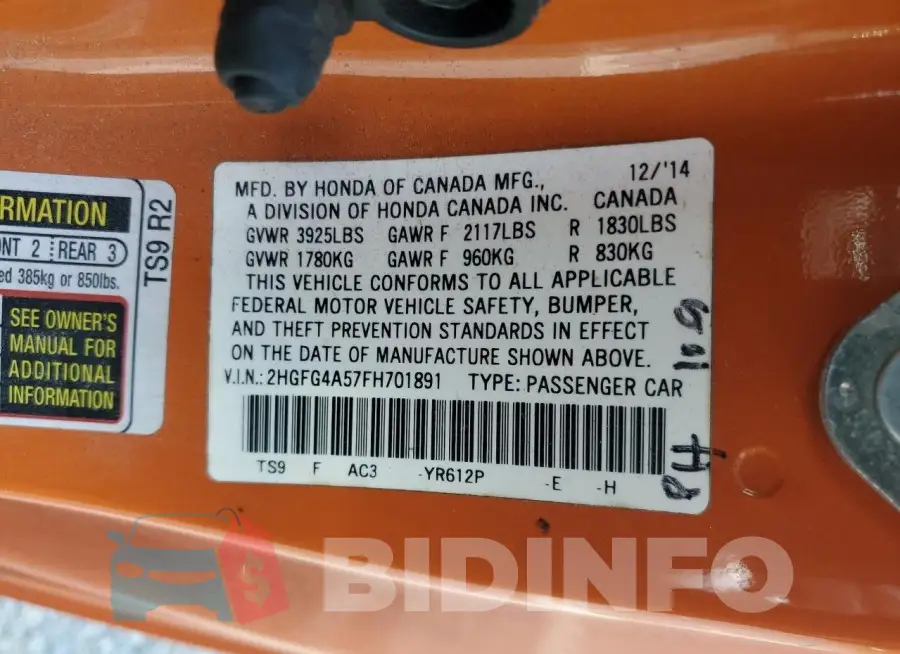 2HGFG4A57FH701891 Photo# 12