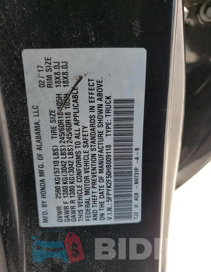 5FPYK2F50HB009118 Photo# 13
