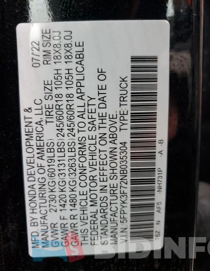 5FPYK3F72NB035304 Photo# 12
