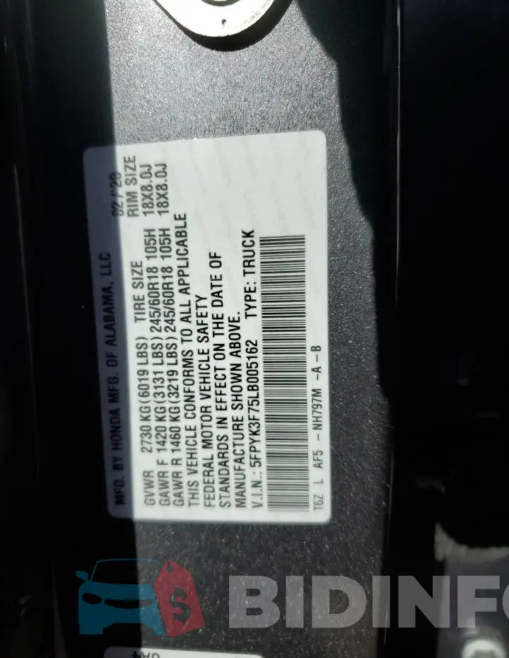 5FPYK3F75LB005162 Photo# 12