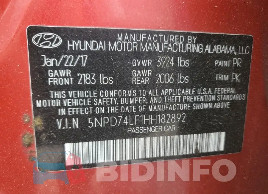 5NPD74LF1HH182892 Photo# 13