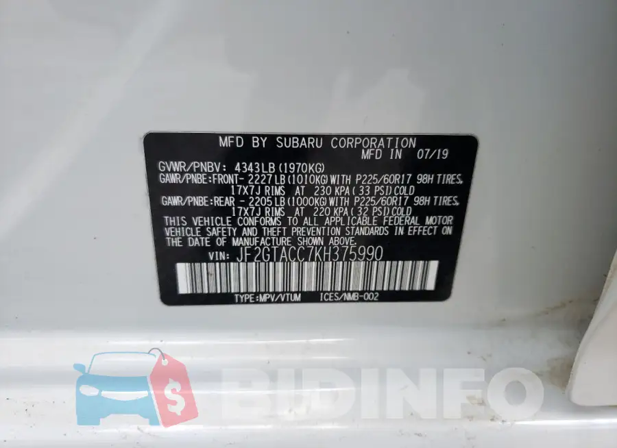JF2GTACC7KH375990 Photo# 13