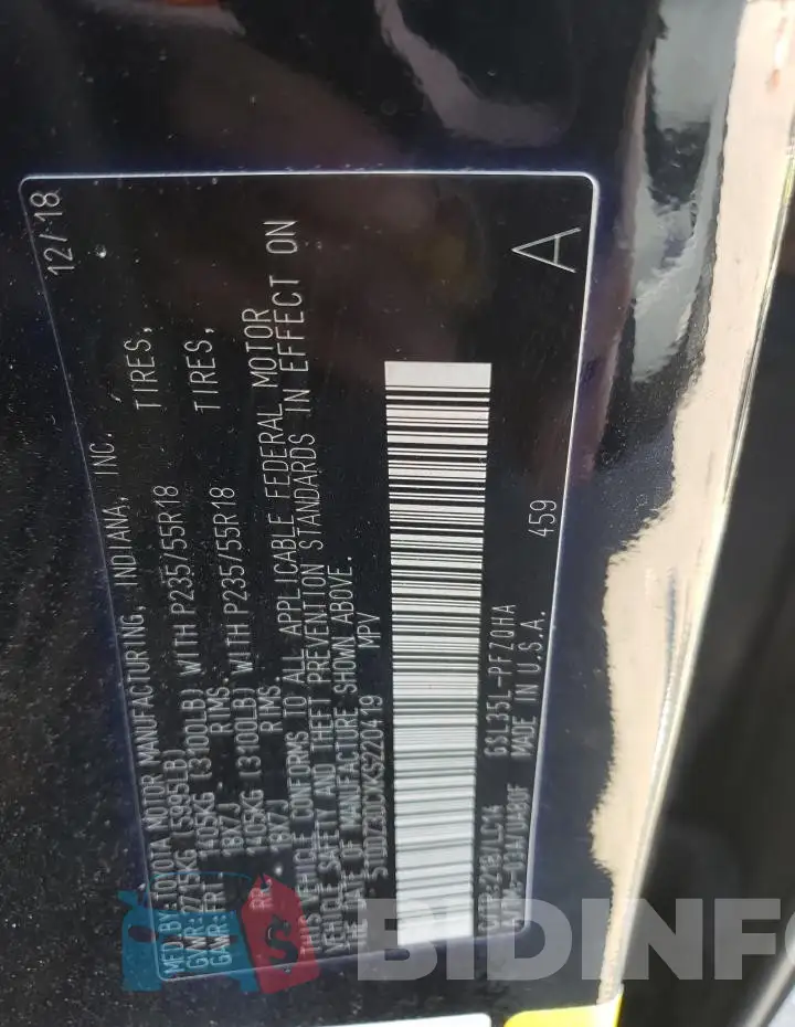 5TDDZ3DCXKS220419 Photo# 14