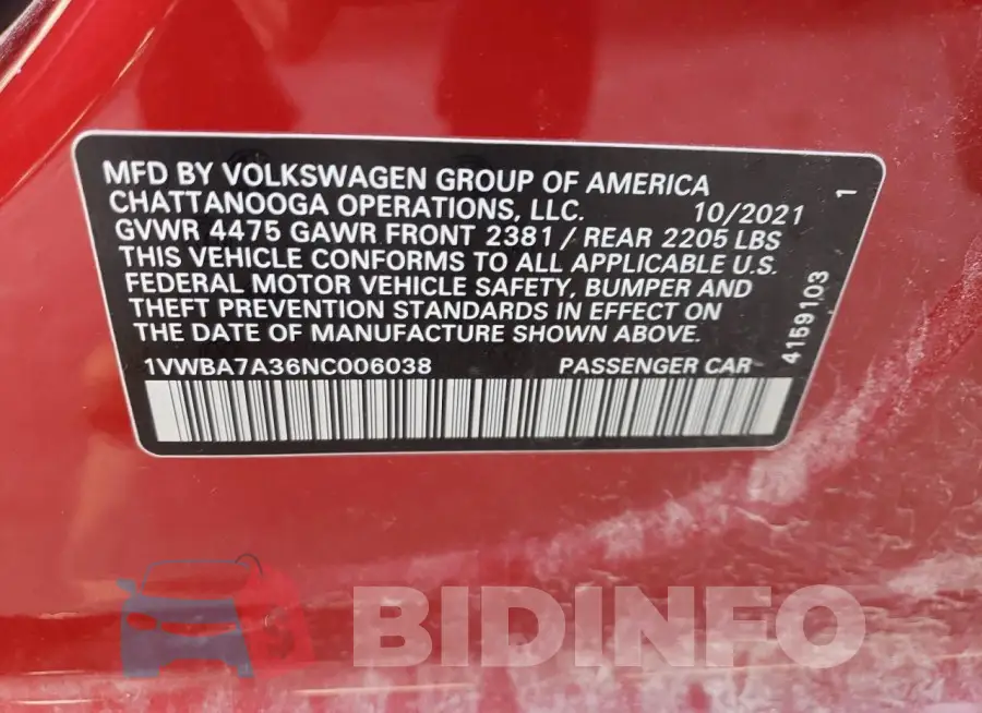 1VWBA7A36NC006038 Photo# 12