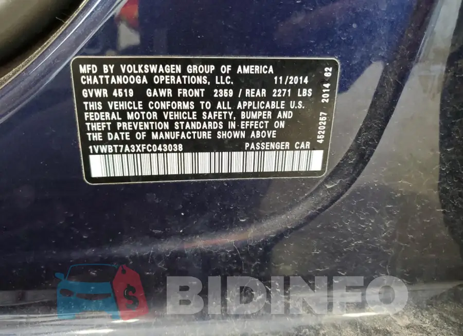 1VWBT7A3XFC043038 Photo# 13
