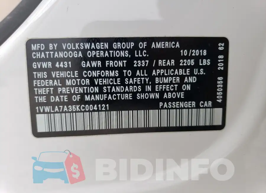 1VWLA7A35KC004121 Photo# 12