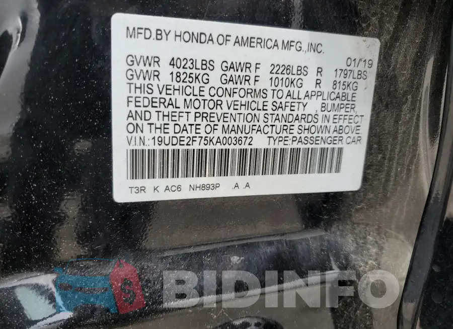 19UDE2F75KA003672 Photo# 12