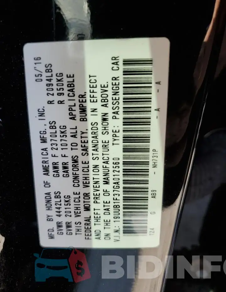 19UUB1F37GA012560 Photo# 12