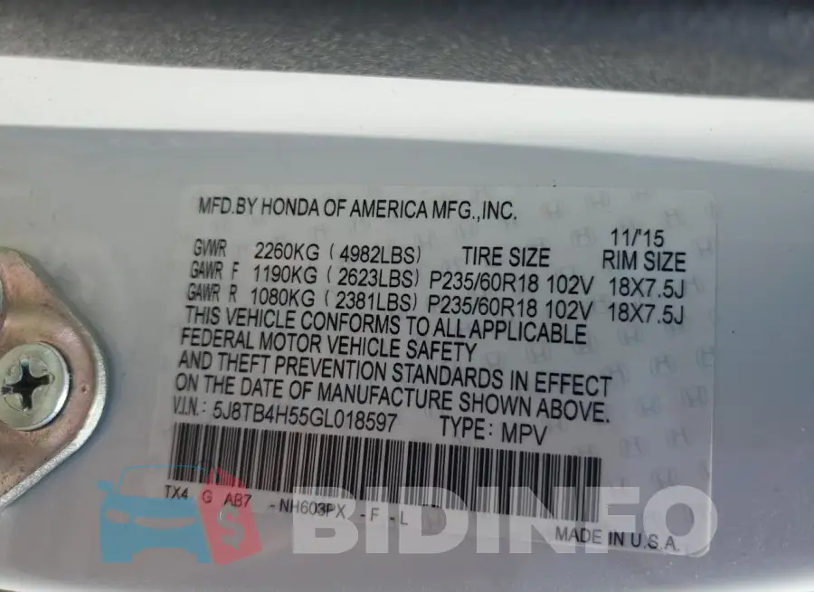 5J8TB4H55GL018597 Photo# 13