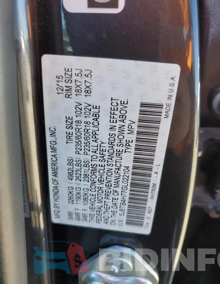 5J8TB4H77GL022104 Photo# 12