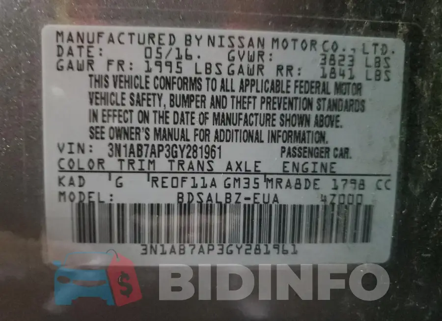 3N1AB7AP3GY281961 Photo# 12