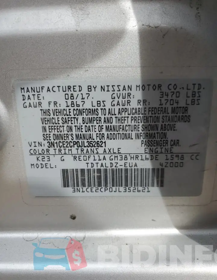 3N1CE2CP0JL352621 Photo# 12