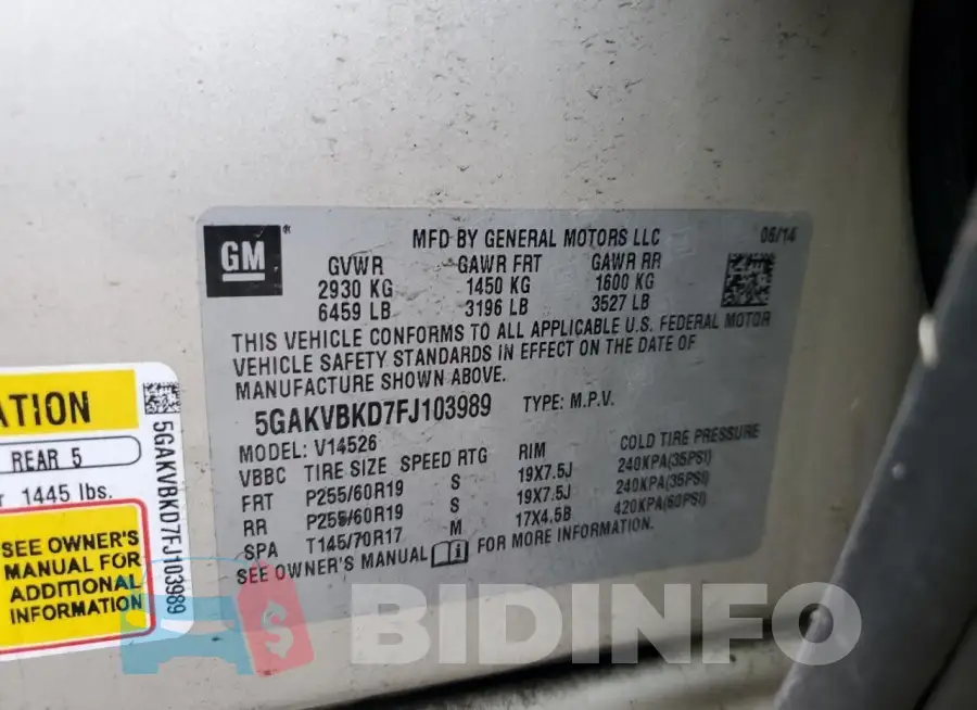 5GAKVBKD7FJ103989 Photo# 13