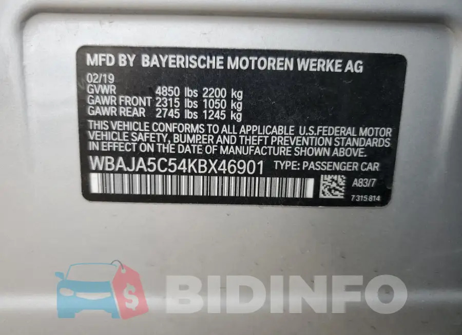WBAJA5C54KBX46901 Photo# 12