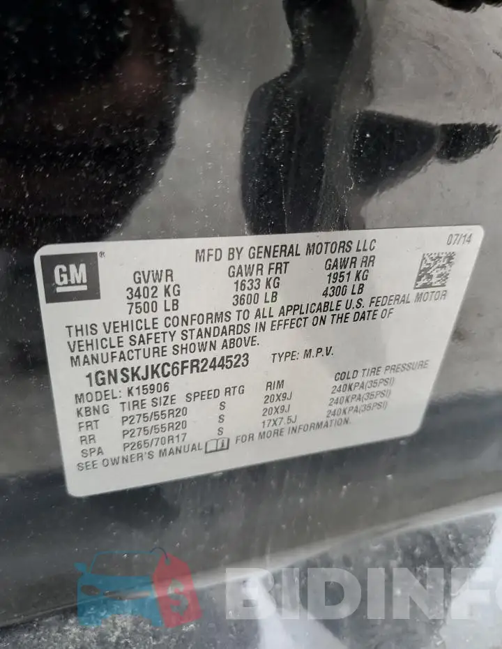1GNSKJKC6FR244523 Photo# 14