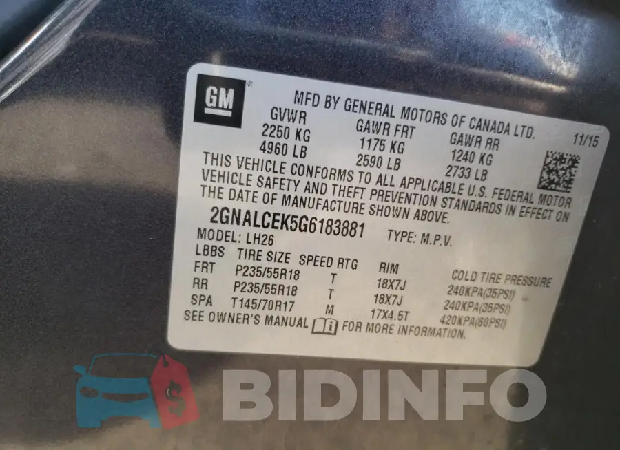 2GNALCEK5G6183881 Photo# 13