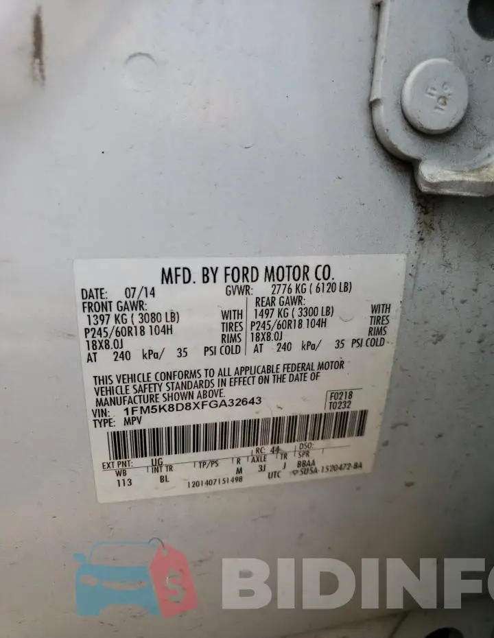 1FM5K8D8XFGA32643 Photo# 14