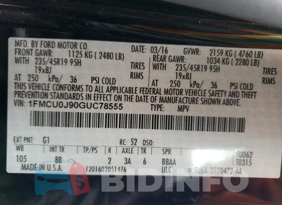 1FMCU0J90GUC78555 Photo# 13
