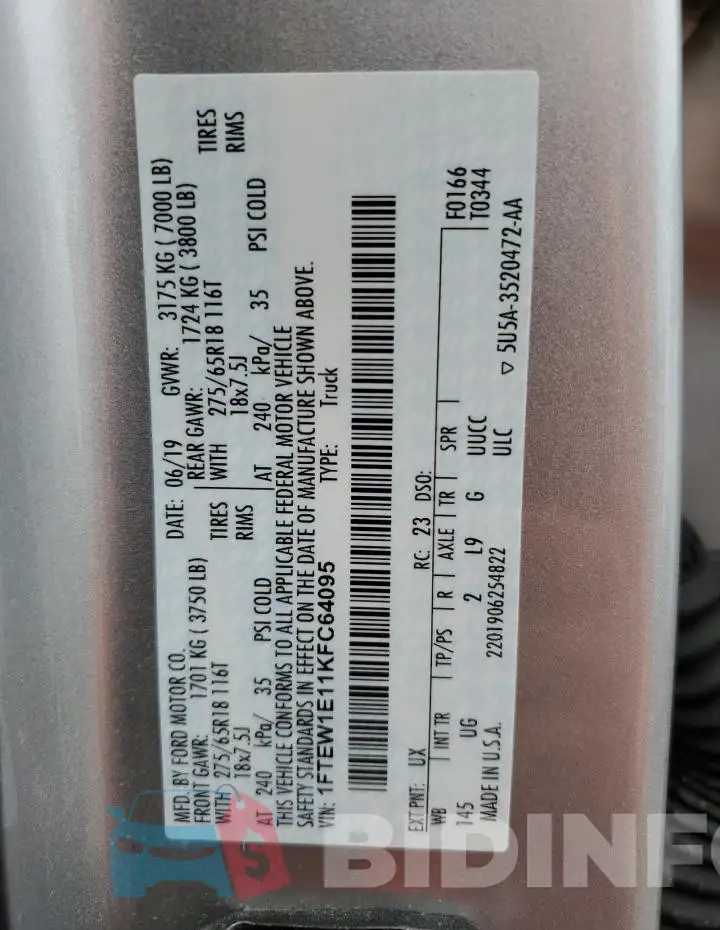 1FTEW1E11KFC64095 Photo# 12