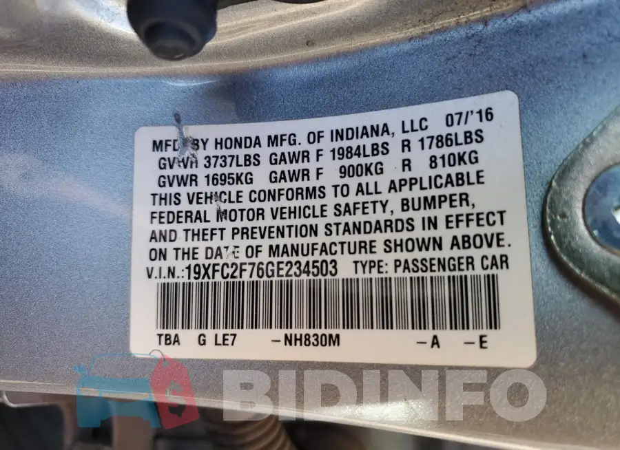 19XFC2F76GE234503 Photo# 12