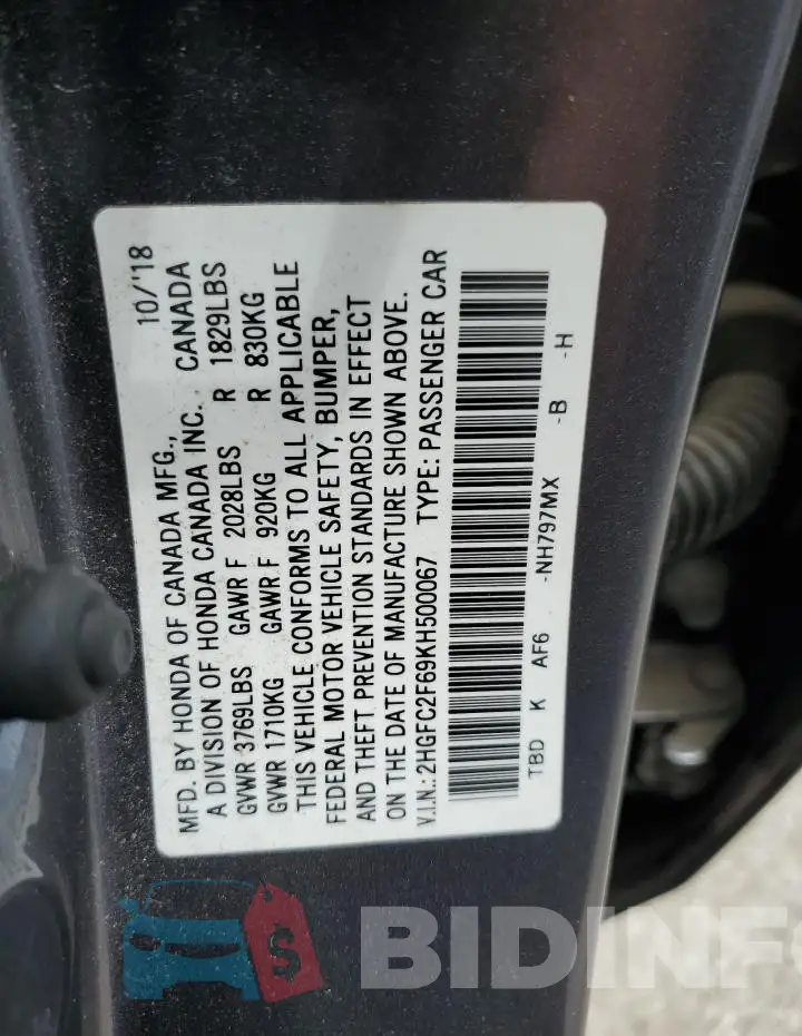 2HGFC2F69KH500067 Photo# 12