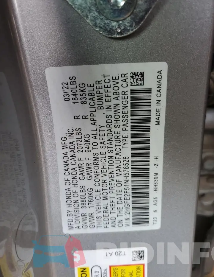 2HGFE2F51NH578526 Photo# 12