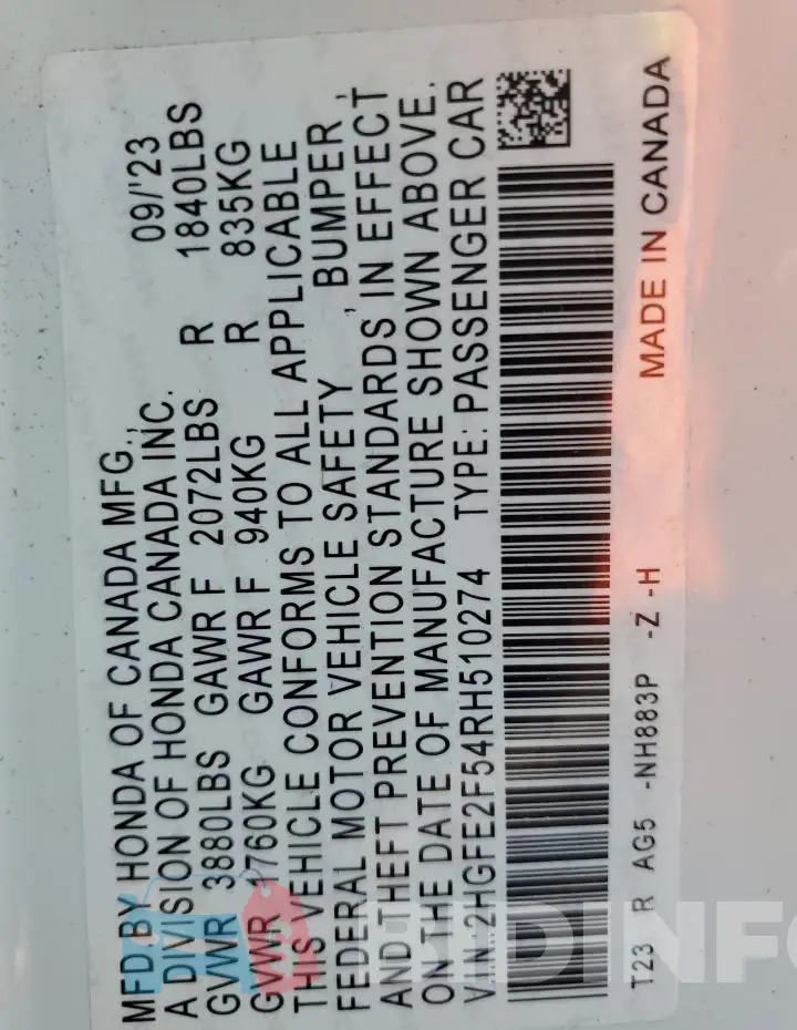2HGFE2F54RH510274 Photo# 12