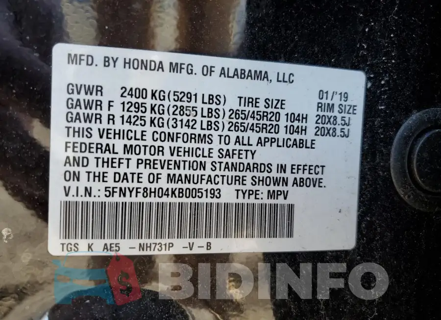 5FNYF8H04KB005193 Photo# 14