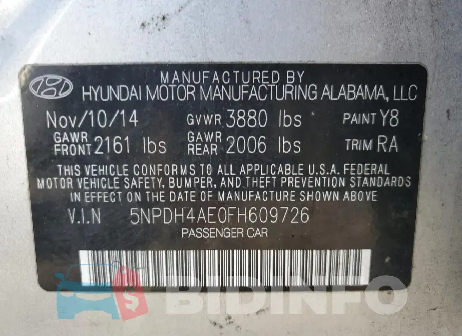 5NPDH4AE0FH609726 Photo# 12