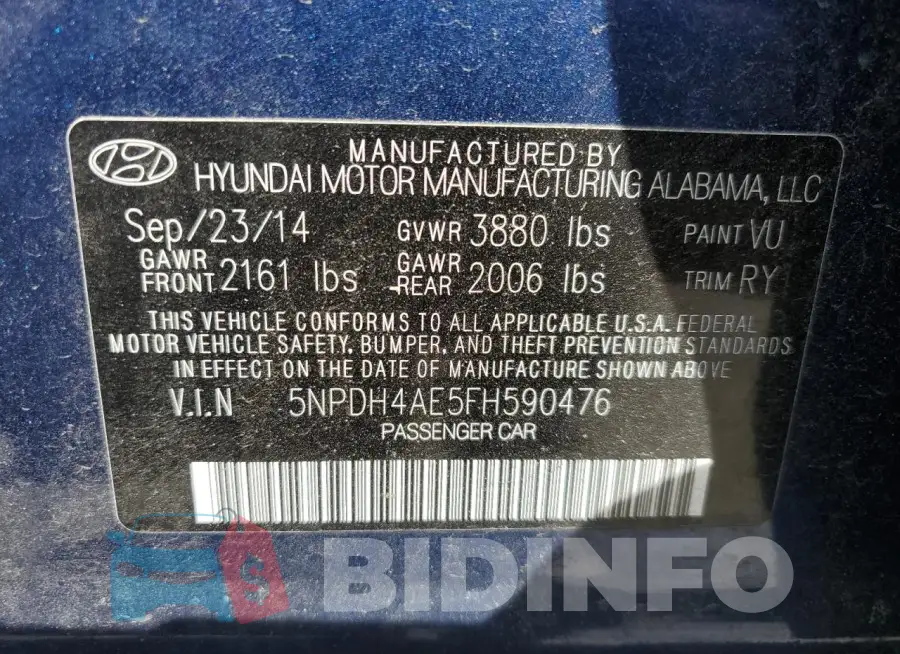 5NPDH4AE5FH590476 Photo# 12