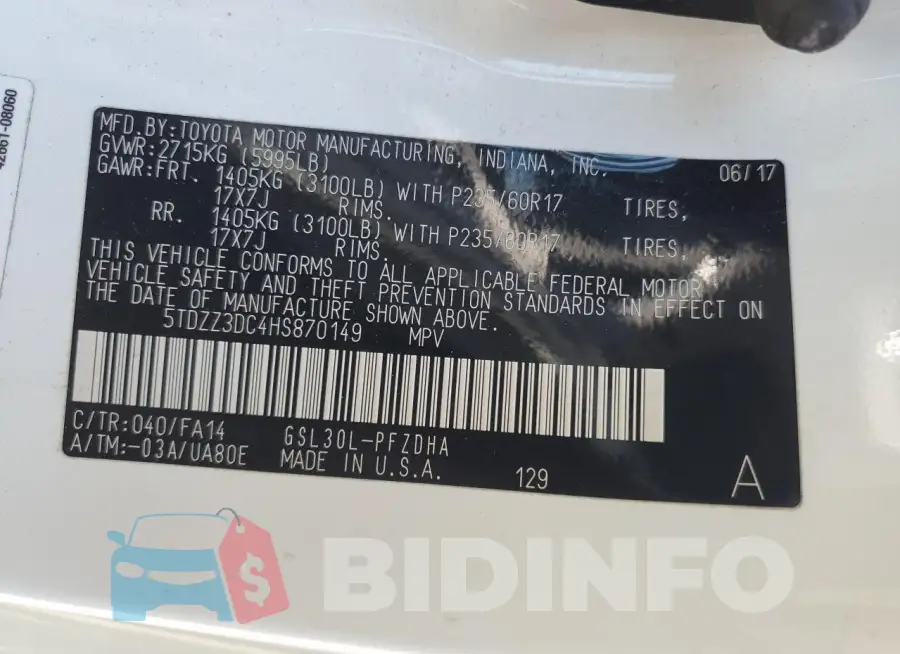 5TDZZ3DC4HS870149 Photo# 13