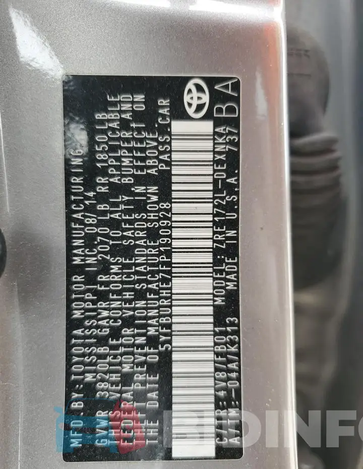 5YFBURHE7FP190928 Photo# 12