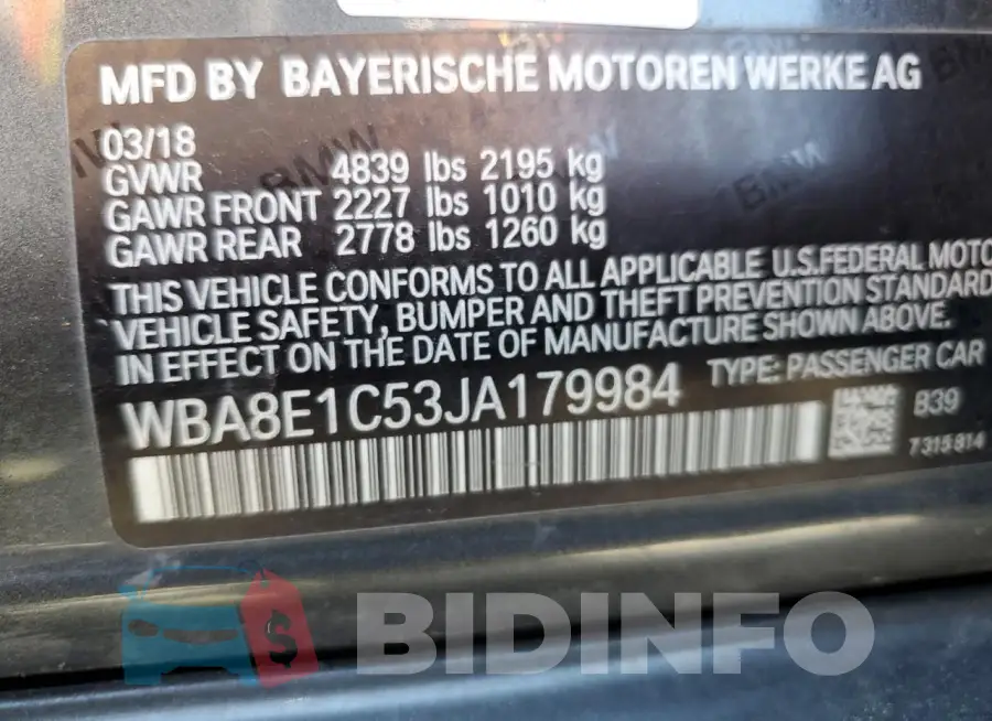 WBA8E1C53JA179984 Photo# 12