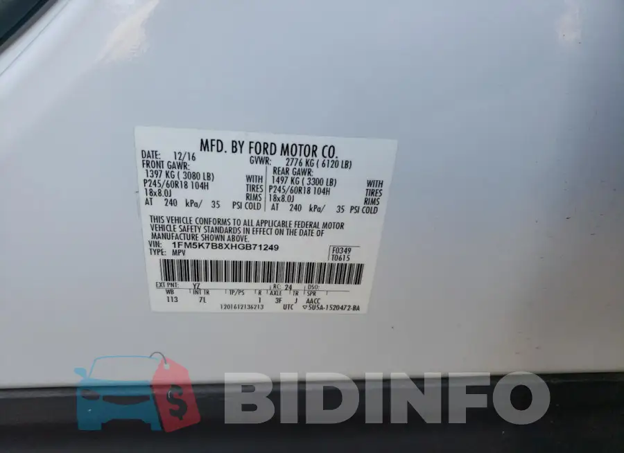 1FM5K7B8XHGB71249 Photo# 13
