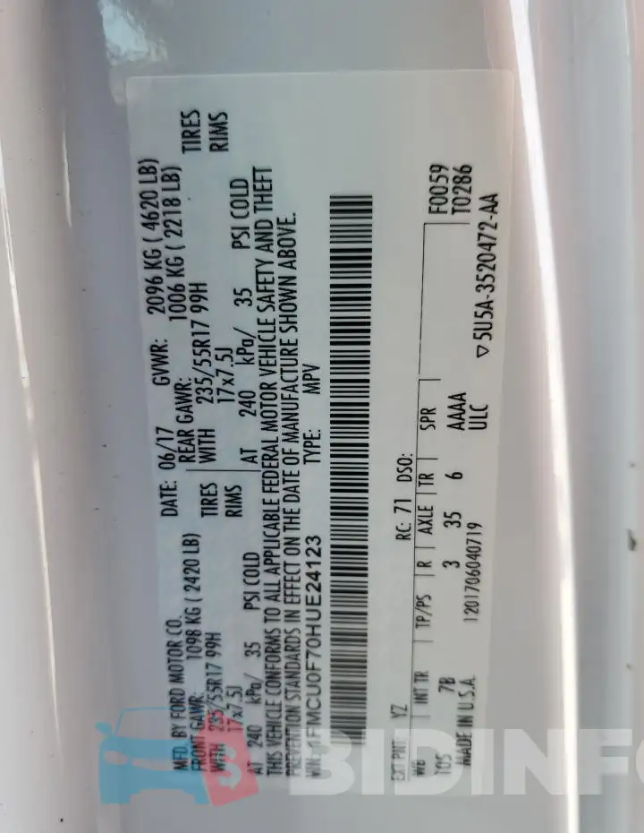 1FMCU0F70HUE24123 Photo# 14