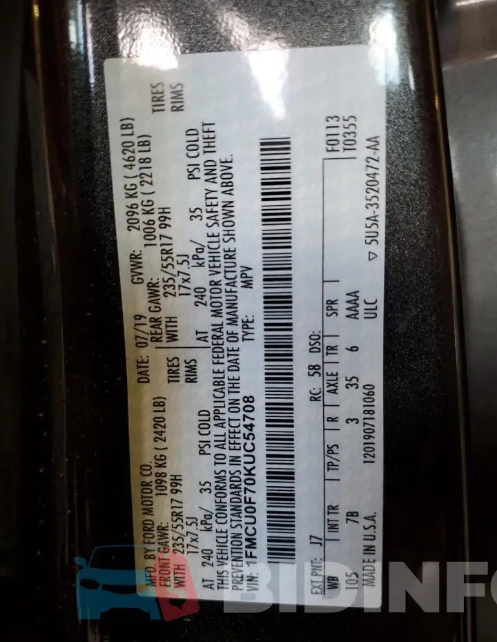 1FMCU0F70KUC54708 Photo# 12