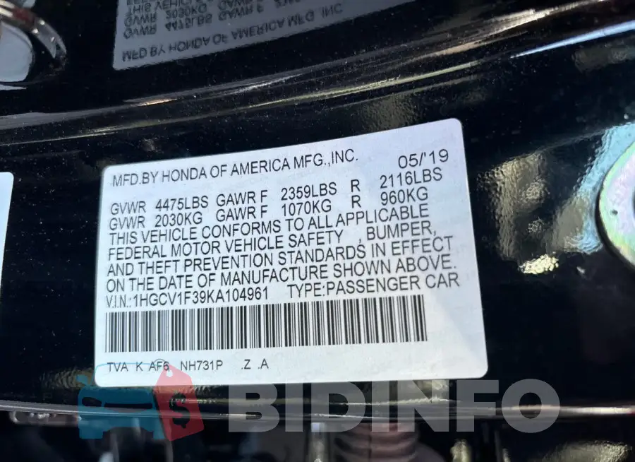 1HGCV1F39KA104961 Photo# 10