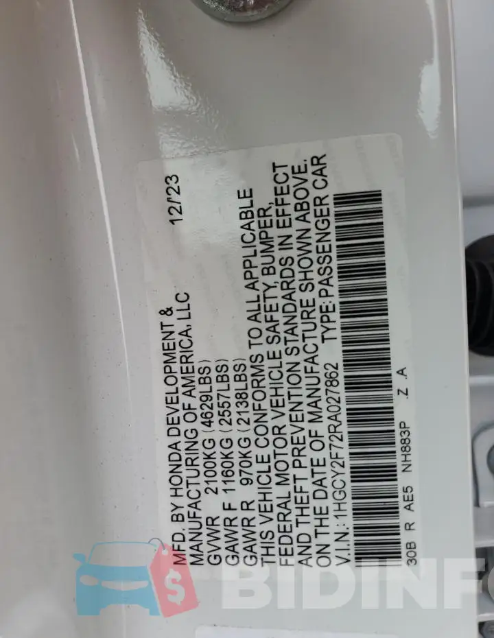 1HGCY2F72RA027862 Photo# 12