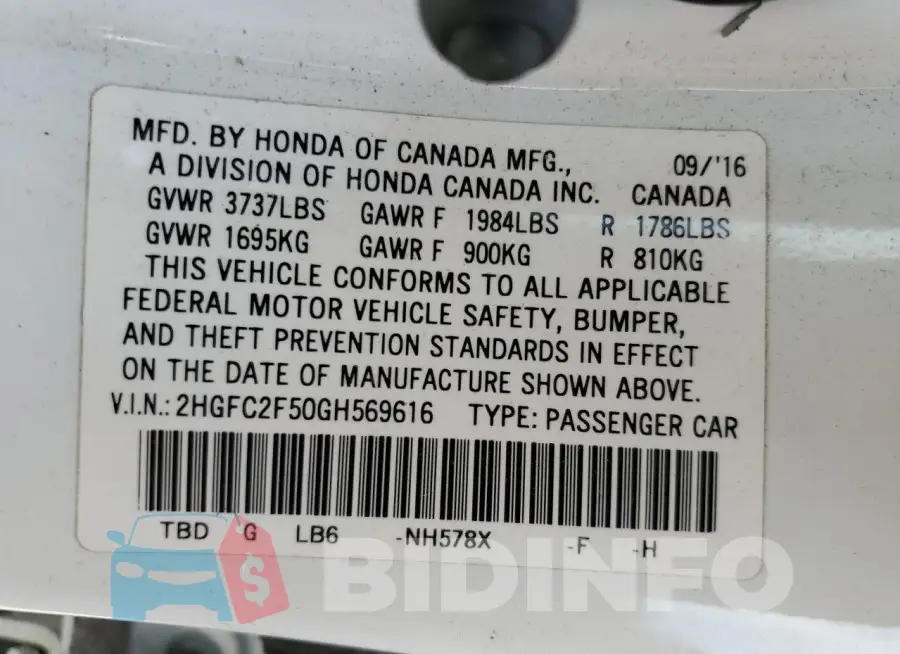 2HGFC2F50GH569616 Photo# 12