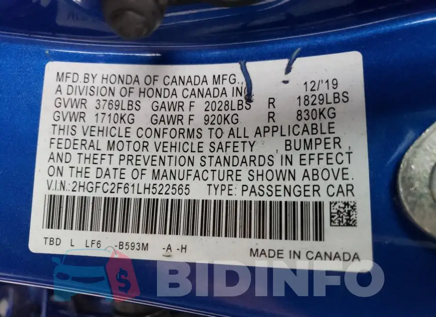 2HGFC2F61LH522565 Photo# 13