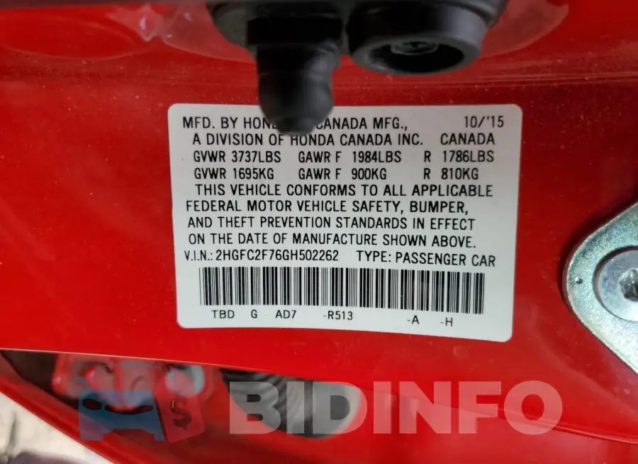 2HGFC2F76GH502262 Photo# 12