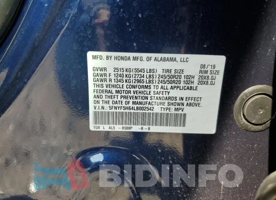 5FNYF5H64LB002542 Photo# 13