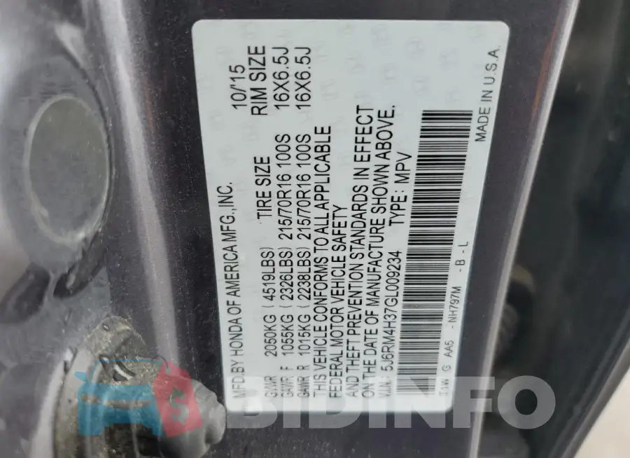 5J6RM4H37GL009234 Photo# 13
