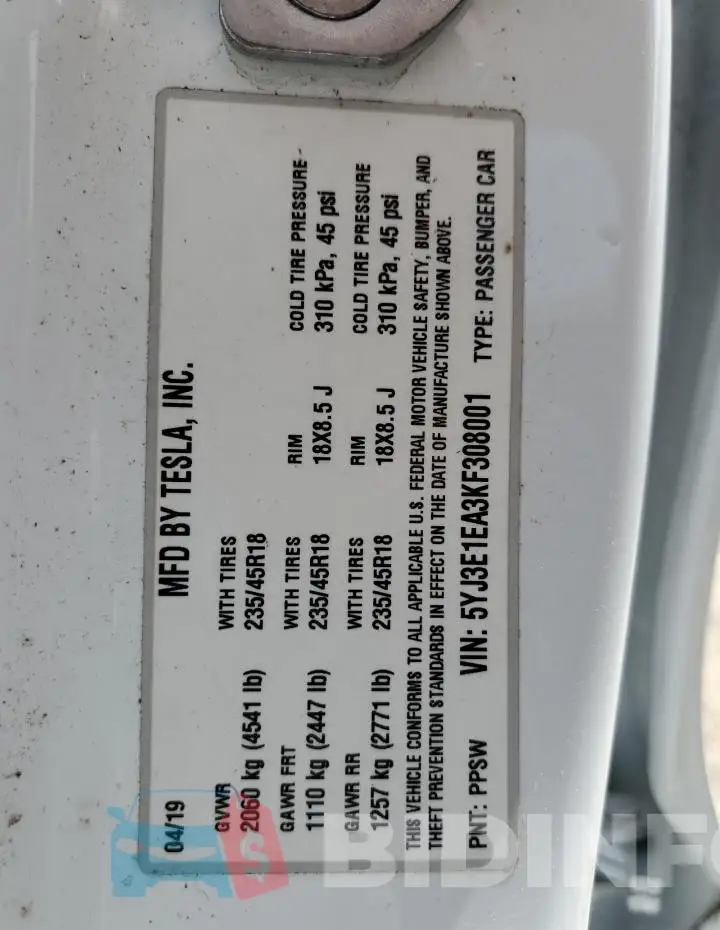 5YJ3E1EA3KF308001 Photo# 12