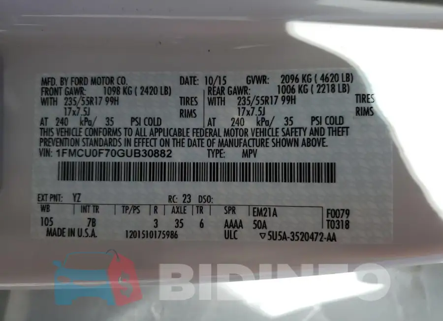 1FMCU0F70GUB30882 Photo# 13