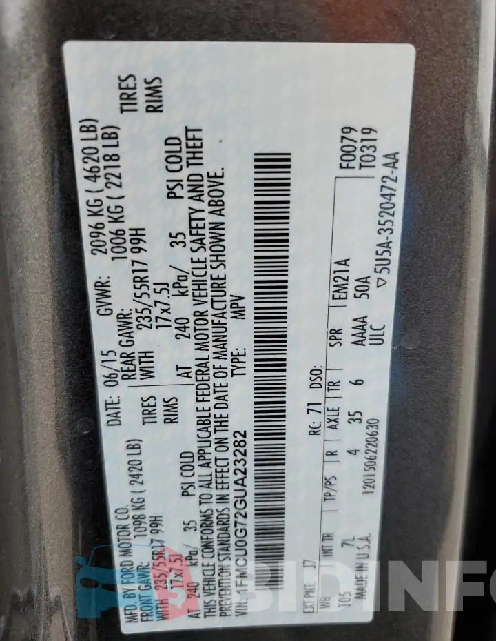 1FMCU0G72GUA23282 Photo# 13